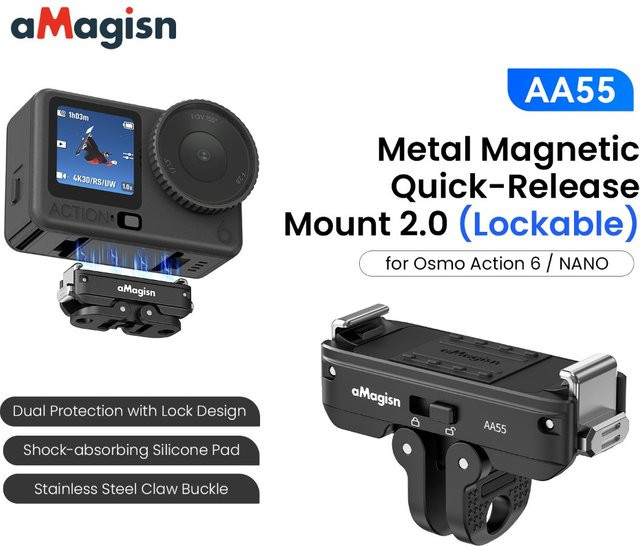 aMagisn Sicherheitskamera-Halterung mit Schnellverschluss für DJI Osmo Action 6 und NANO in Schwarz mit 1/4-Zoll- und 2-Pin-Schnittstellen - Bild 1
