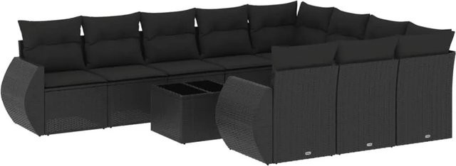 vidaXL 11-tlg. Garten-Sofagarnitur in L-Form mit Kissen und Couchtisch, Schwarz, Poly-Rattan und Metall - Bild 1
