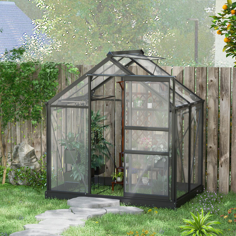 Outsunny Gewächshaus aus Aluminium in Grau-Transparent mit Dachfenster, Tür und Fundament, H x B x T: 201 x 132 x 190 cm - Bild 2
