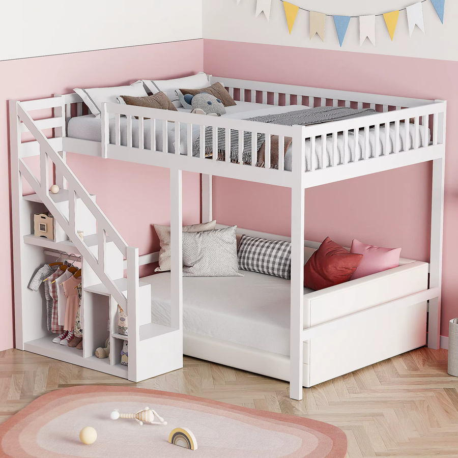 Modernes Kinder-Etagenbett mit Treppe und Aufbewahrungsschrank in Weiß, B/T/H: 140 x 200 cm - Bild 3