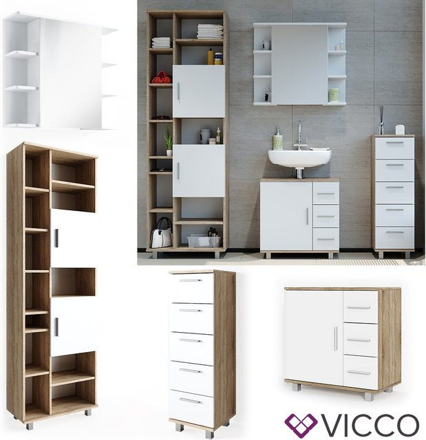 Vicco Badmöbel Set Ilias in Weiß und Eiche bestehend aus 4 Teilen mit Spiegel, Kommode, Unterschrank und Badschrank - Bild 1