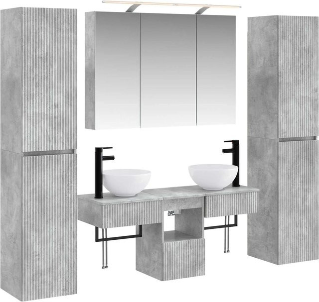 vidaXL Badezimmermöbel-Set 6-teilig modern in Betongrau aus Ingenieurholz und Glas mit LED-Beleuchtung und Spiegelschrank - Bild 1