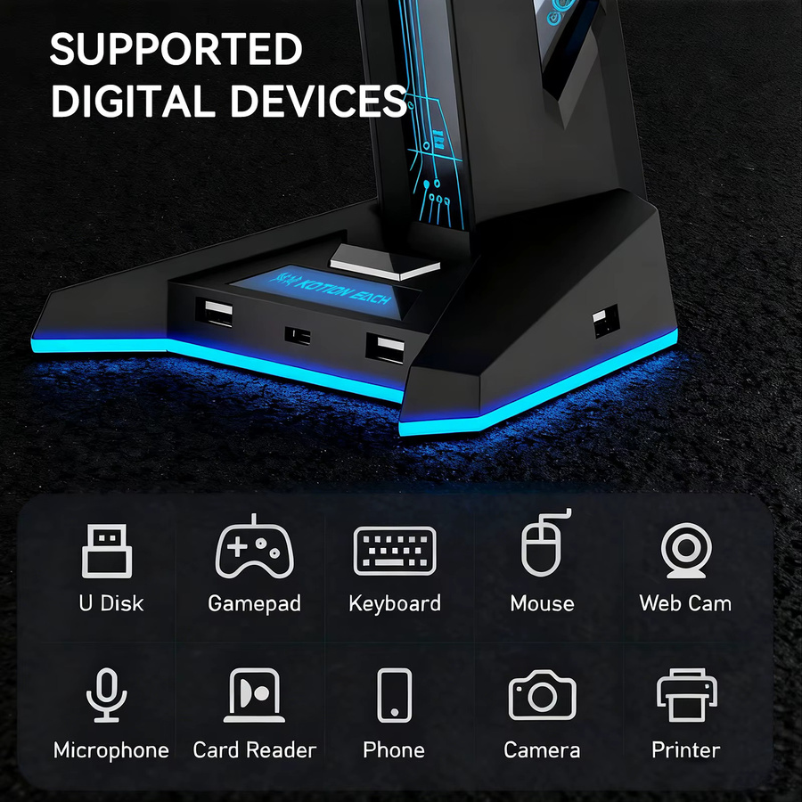 Deepartner H74 RGB Gaming-Kopfhörerständer mit USB-Hub und LED-Beleuchtung in Schwarz/Multicolor - Bild 2