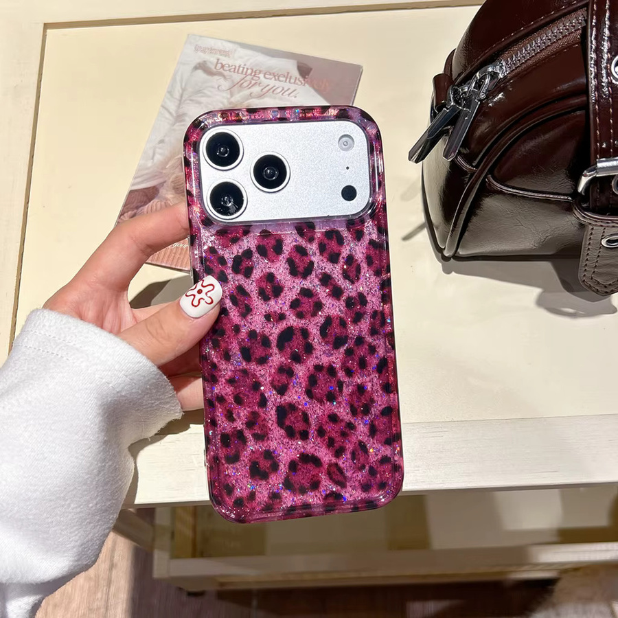 Apple iPhone Schutzhülle mit Glitzer-Rose und Leopardenmuster in Rot, Schwarz und Pink, stoßfest für iPhone 17, 16, 15, 14 und 13 Pro Max - Bild 3