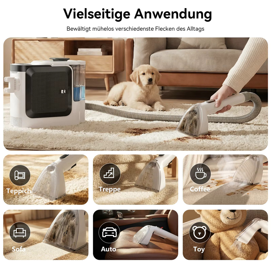 Redroad F1 Tragbarer Teppichreiniger in Weiß mit 1800W, 26kPa Saugkraft und 3 Wassertanks für Kalt-, Warmwasser- und Dampfreinigung zur Entfernung von Tierflecken auf Sofa und Autopolstern - Bild 5
