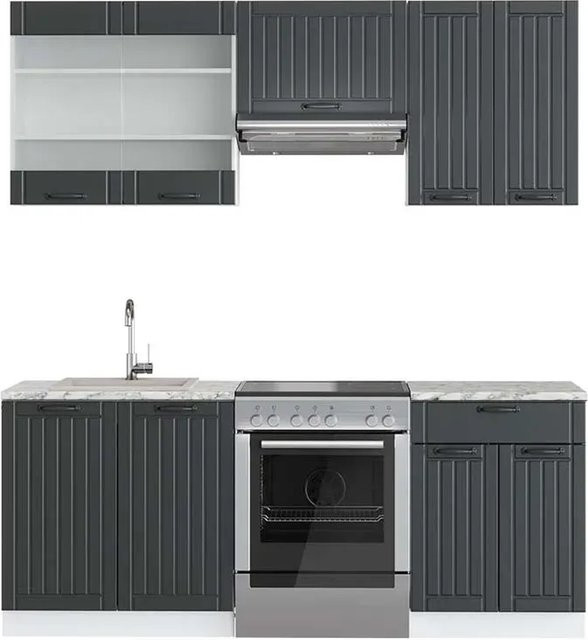 Vicco Fame-Line Küchenzeile Landhausstil in Anthrazit und Weiß mit Marmor-Optik, Breite: 200 cm - Bild 1