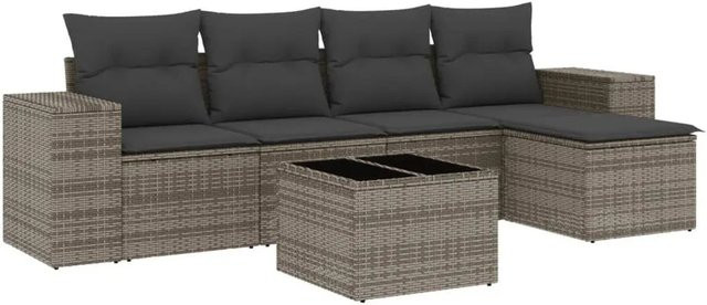 vidaXL 6-teilige Garten-Sofagarnitur aus Polyrattan in Grau mit Polsterkissen und Couchtisch - Bild 1