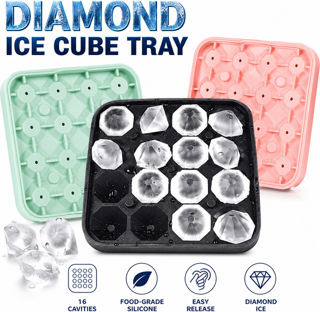PGY Diamant-Eiswürfelform aus Silikon in Schwarz, 16-fach Eisform für Whiskey-Cocktails und Sommergetränke - Bild 1