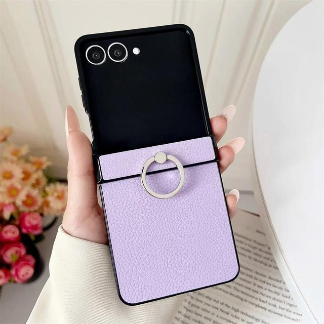 Samsung Galaxy Z Flip 7 6 5 4 3 5G Handyhülle aus PU-Leder mit Litschi-Muster und Ringhalter in Purple - Bild 1