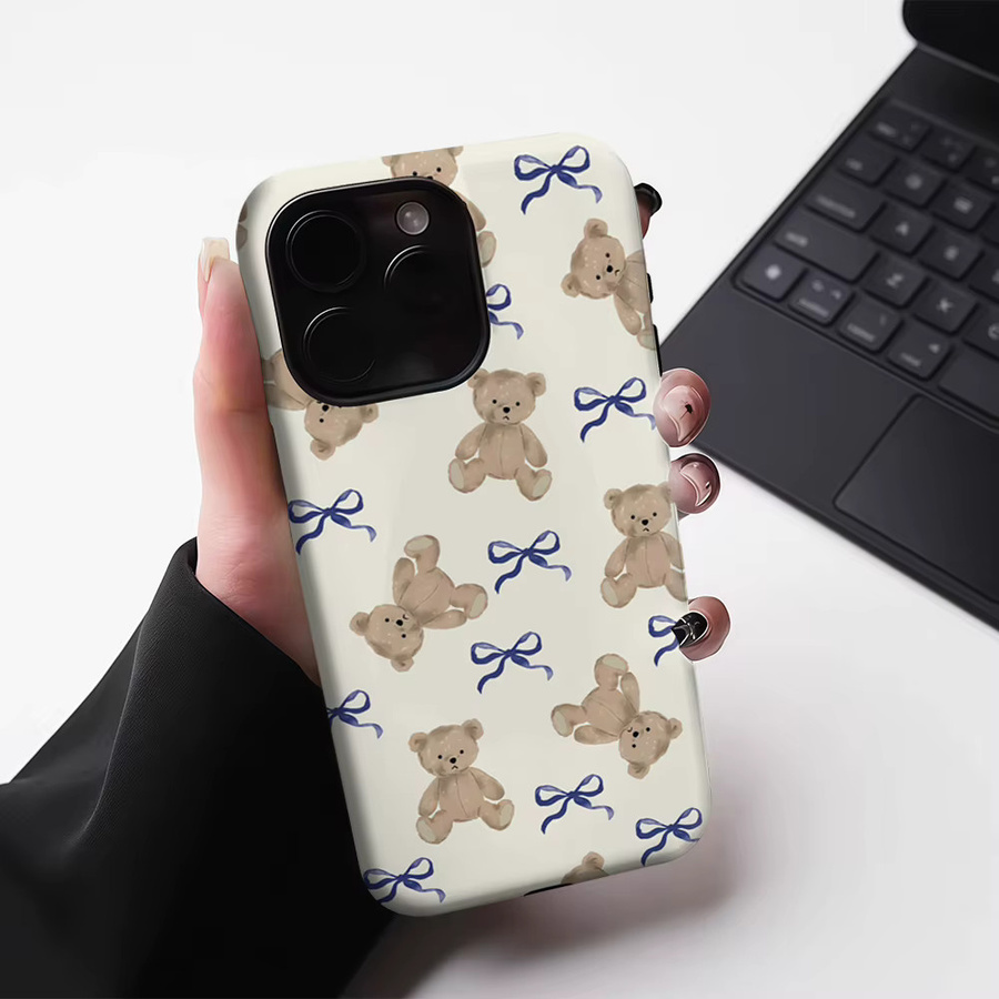 Potdemiel Handyhülle mit Bären-Motiv und blauer Schleife für iPhone 17 16 15 14 13 Pro Max Plus, magnetisch, doppelschichtig und robust, Hellbraun/Mehrfarbig - Bild 3