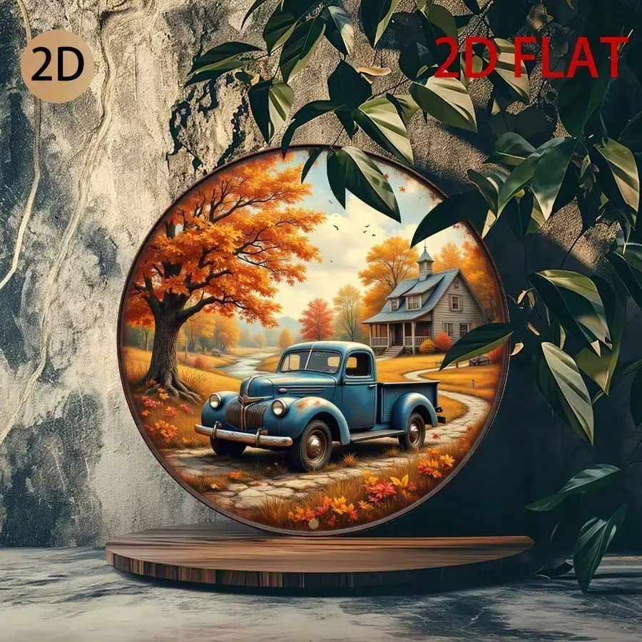Vintage Blechschild Wanddekoration CIFBUY Rundes Metallschild mit blauem Pickup-Truck und herbstlicher Landschaft, Farbe: Blau und Mehrfarbig, Durchmesser: 20 cm - Bild 2
