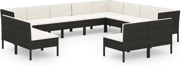 vidaXL 12-teiliges Garten-Lounge-Set in U-Form aus Poly Rattan und pulverbeschichtetem Stahl mit Auflagen in Schwarz und Cremeweiß - Bild 1