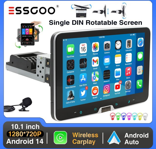 ESSGOO Android 14 Autoradio Single DIN mit 10.1 Zoll drehbarem Bildschirm, Wireless Carplay, GPS NAVI, Bluetooth, Wi-Fi und Mikrofon in Schwarz - Bild 1