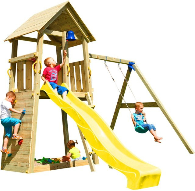 Spielturm BELVEDERE von Spielturmking mit Rutsche und Einzelschaukel in Gelb und Multicolour aus Holz und Stahl - Bild 1