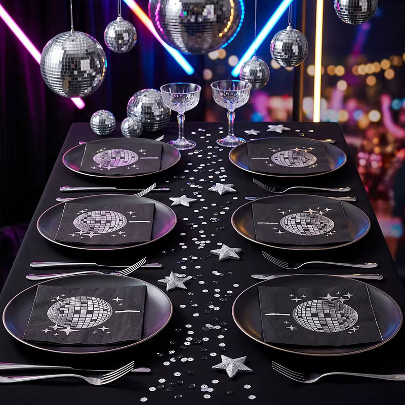ZQNYCY Einweg Servietten mit Disco-Kugel-Motiv in Schwarz für 70er und 80er Jahre Partys - Bild 4