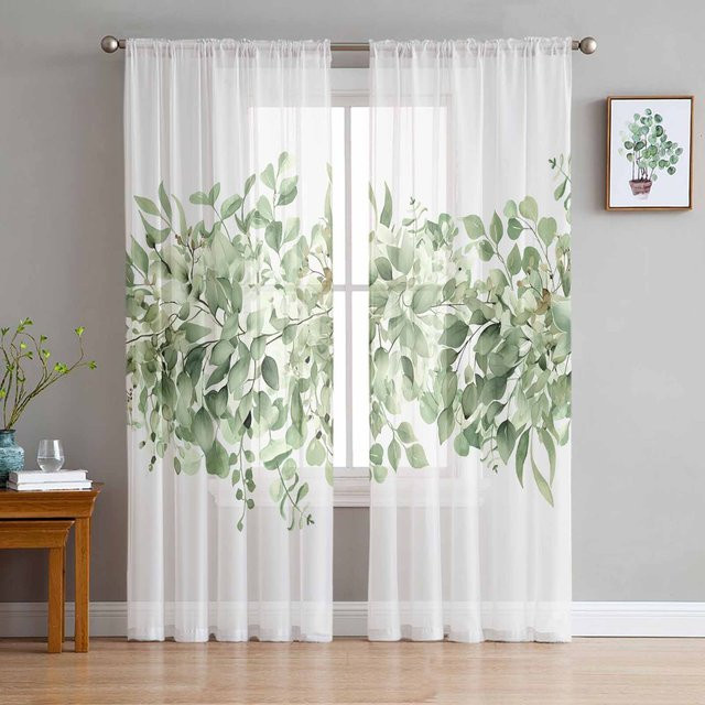 Super Six Transparentes Chiffon-Fensterdekoration mit Eukalyptus-Blatt Aquarell-Print, Farbe: Weiß, Breite: 135 cm, Höhe: 114 cm - Bild 1