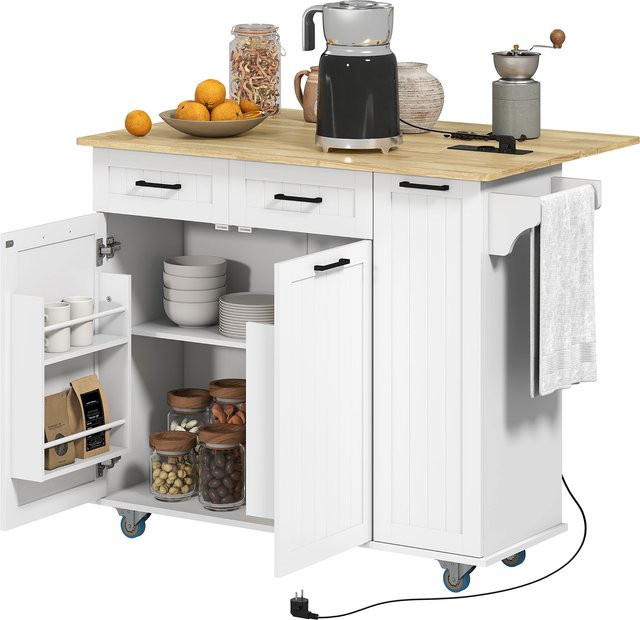 Aosom HOMCOM Mobile Kücheninsel Weiß mit Steckdose und USB-Port, Rollküchenwagen mit klappbarer Arbeitsplatte, 2 Schubladen, 2 Schränken und verstellbarem Regal - Bild 1