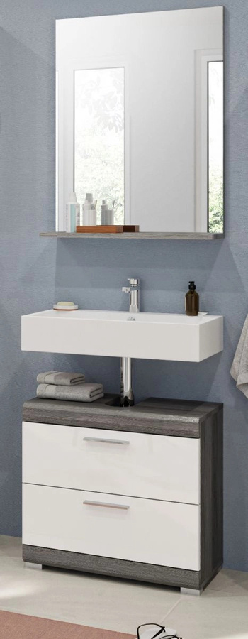 Inn.Furn Badmöbel Set Shawn 2-teilig in Weiß Hochglanz und Grau mit Waschtischunterschrank und Spiegelschrank Breite: 60 cm, Höhe: 191 cm, Tiefe: 34 cm - Bild 1