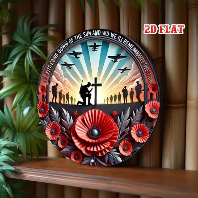 HELLOYOUNG Vintage-Militär-Wandschild aus Metall mit roter Mohn-Soldat-Silhouette Lest We Forget, rundes Aluminium-Dekor für Zuhause und Garage, Durchmesser: 19,8 cm - Bild 1