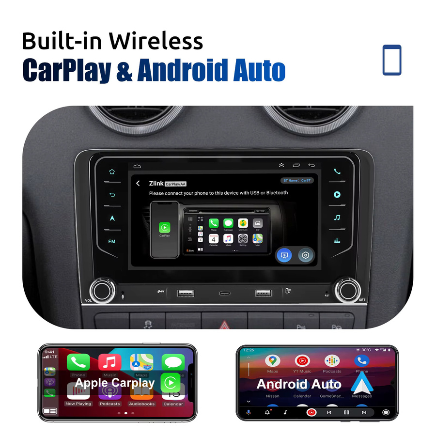 ESSGOO Android 15 Autoradio mit 7 Zoll Display für Audi A3 8P 8P1 3-Türer und S3 8P/RS3 Sportback, 4+64 GB, Wireless CarPlay, Android Auto, GPS, WiFi, Bluetooth, USB, Lenkradsteuerung, Schwarz - Bild 2