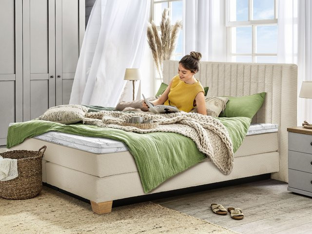 Boxspringbett SANSIBAR BILLUND in Beige mit Eichenholz-Elementen, B/T/H: 180 x 200 x 102 cm - Bild 1