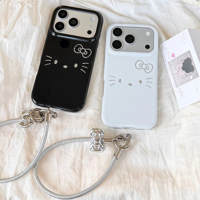 Sanrio Hello Kitty Handyhülle mit Trageriemen für iPhone 17 16 15 Pro Max, schwarz-weiß, glänzende Hartschale - Bild 1