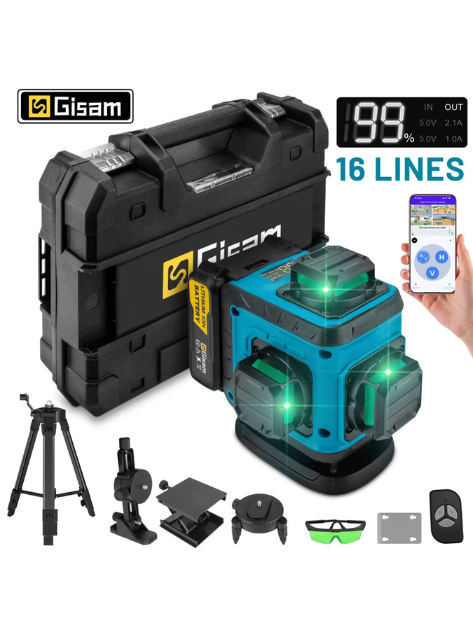 Gisam 16-Linien 4D Laser-Wasserwaage mit Stativ, selbstnivellierend, 360 Grad horizontal und vertikal, grüner Laser - Bild 7