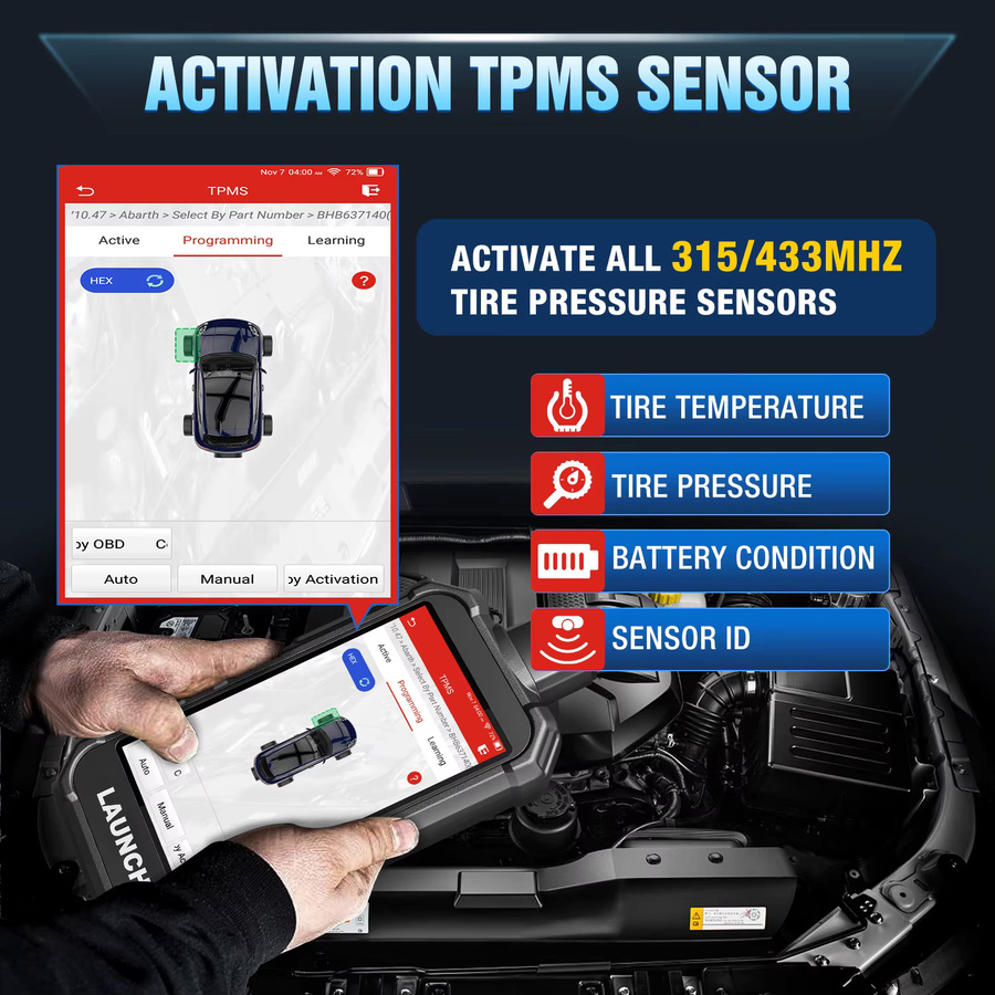 LAUNCH X431 CRT5011E V2 TPMS Reifendruck Diagnose-Tool in Schwarz zur Sensor-Aktivierung, Programmierung und zum Auslesen mit OBD2-Scanner für 315/433 MHz - Bild 3