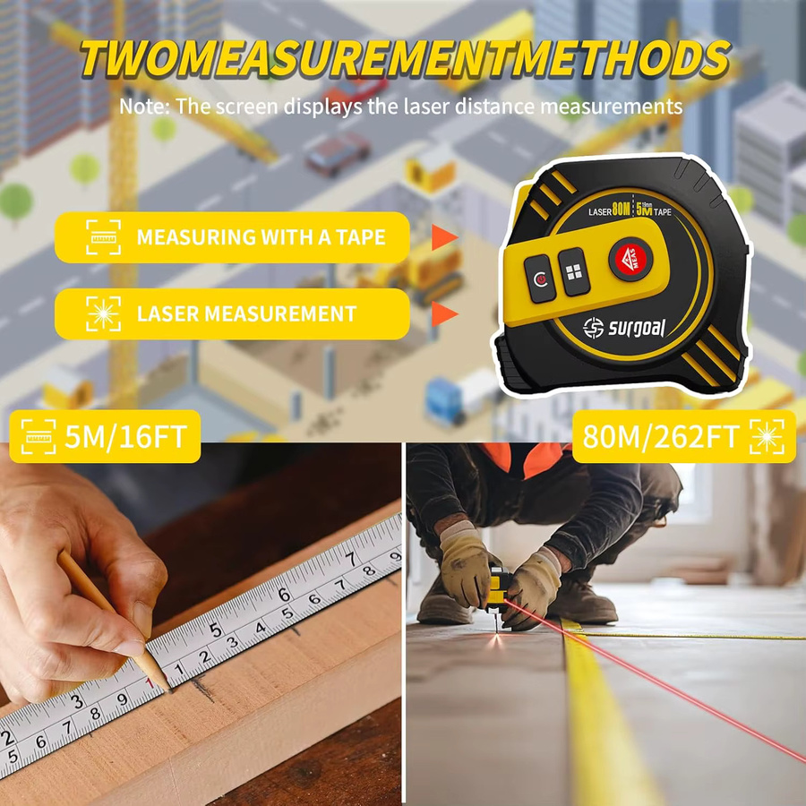 SURGOAL Multifunktions-Laser-Entfernungsmesser mit 80 m Reichweite, wiederaufladbar, inklusive 5 m Maßband und LCD-Display mit Hintergrundbeleuchtung - Bild 2