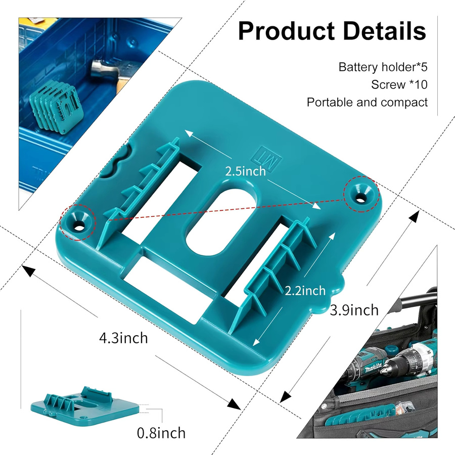 Wandhalterung für Akkus von Makita, Dewalt und Milwaukee, Batterie-Lagerregal für 14,4 V und 18 V Li-Ion Akkus, 5 oder 10 Stück Set - Bild 3