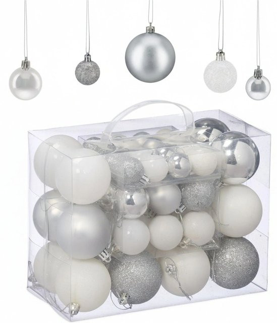 Relaxdays Weihnachtskugeln aus Kunststoff in Silber und Weiß mit Glitzer-Effekt, 50er Pack, 3 Größen - Bild 1