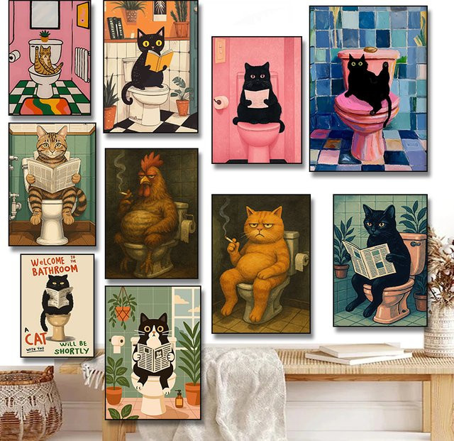 Lustiges Leinwanddruck Poster von Potdemiel mit Schwarzer Katze und Huhn als moderne Wandkunst für deine Badezimmerdekoration in Schwarz und Multicolour - Bild 1