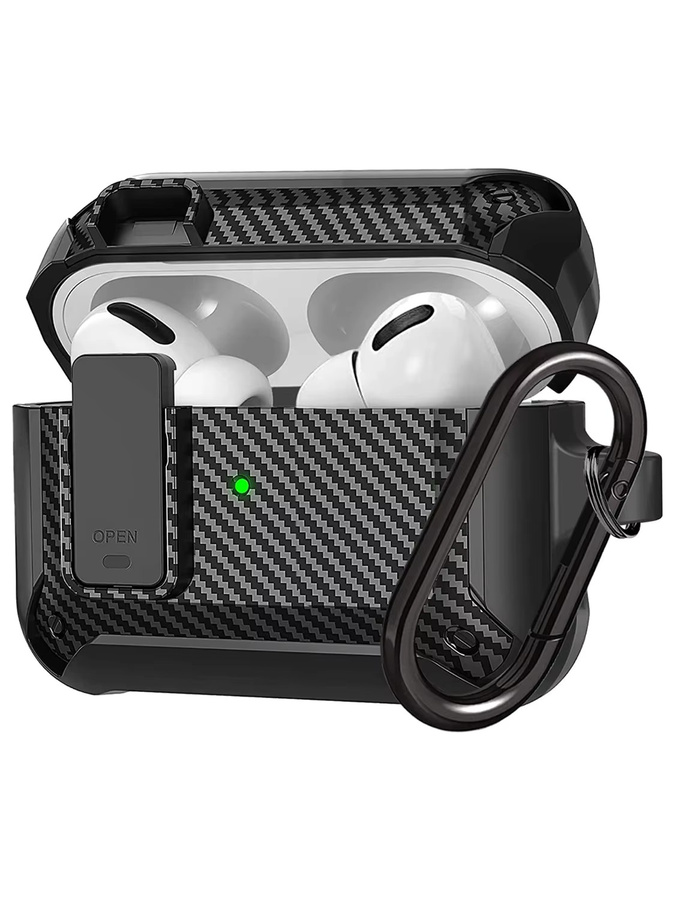 Carbon Fiber Hard Shell Case für AirPods Pro 2. Generation mit Secure Lock Clip und Schlüsselanhänger, Schwarz - Bild 7
