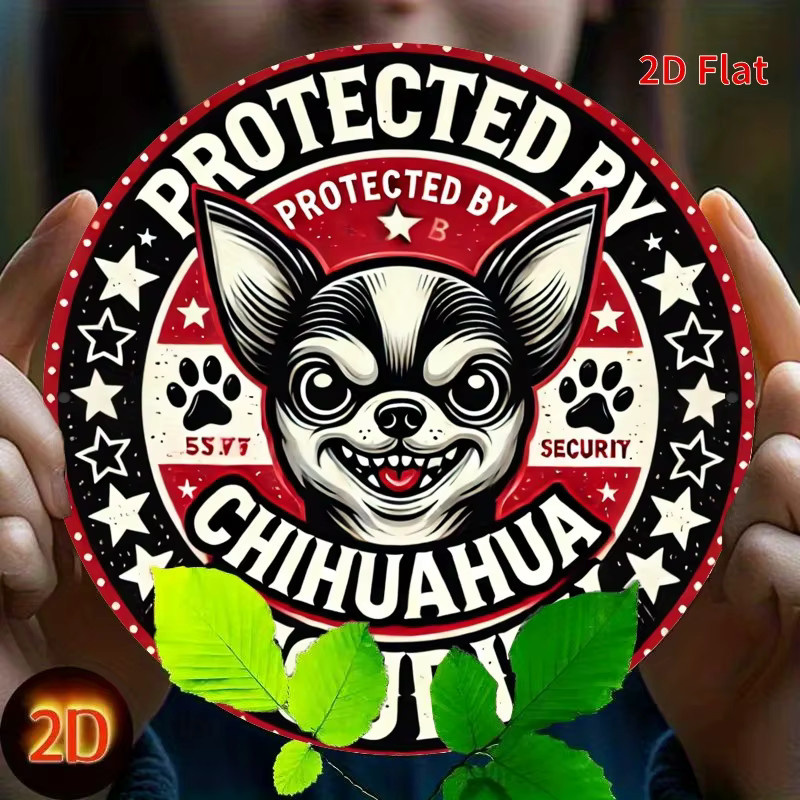 Potdemiel Metallschild Protected by Chihuahua Security mit rotem Sternen-Design, runde Wanddekoration für Zuhause und Büro, Durchmesser: 20 cm - Bild 3