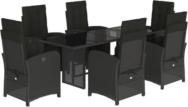 vidaXL 7-teilige Garten-Essgruppe aus Poly-Rattan mit Kissen und Hartglas in Schwarz - Bild 1