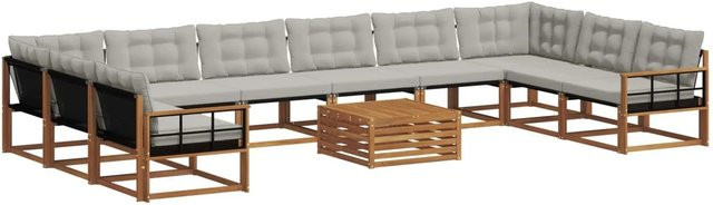 vidaXL Outdoor-Sofagarnitur aus massivem Akazienholz in U-Form, 11-teiliges Set mit Textilene-Bezug und Kissen, Farbe Natur und Hellgrau - Bild 1