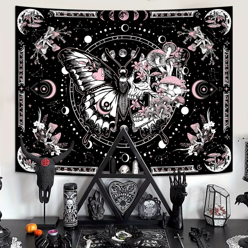 VIKAMA Gothic Bohemian Wandteppich mit rosa Totenköpfen, schwarzen Schmetterlingen und floralen Pilzmotiven in Textil, B/H: 160 x 140 cm - Bild 4