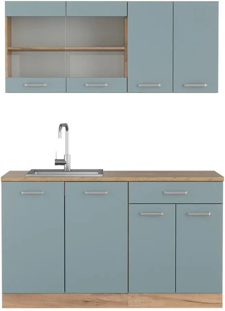 Vicco R-Line Singleküche Blau-Grau/Goldkraft Eiche, moderne Küchenzeile ohne Elektrogeräte, B/T/H: 140 x 60 x 81,6 cm - Bild 1