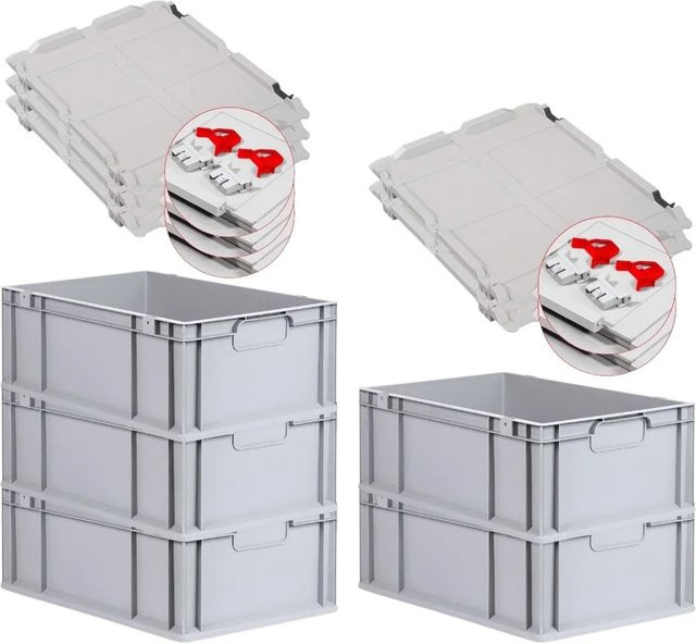 PROREGAL Spar Set 5x Eurobox Nextgen Economy mit Scharnierdeckel und roten Schiebeschnappverschlüssen, Grau/Rot, H x B x T: 22 x 40 x 60 cm - Bild 1