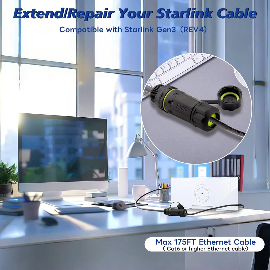 Starlink Ethernet Adapter Gen 3 und Mini RJ45 Kabelverlängerung IP68 wasserdicht Schwarz - Bild 6