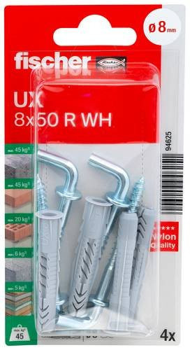 Fischer Universaldübel UX aus Nylon mit Winkelhaken, Durchmesser: 8 mm, Länge: 50 mm, Farbe: Grau/Silber - Bild 1