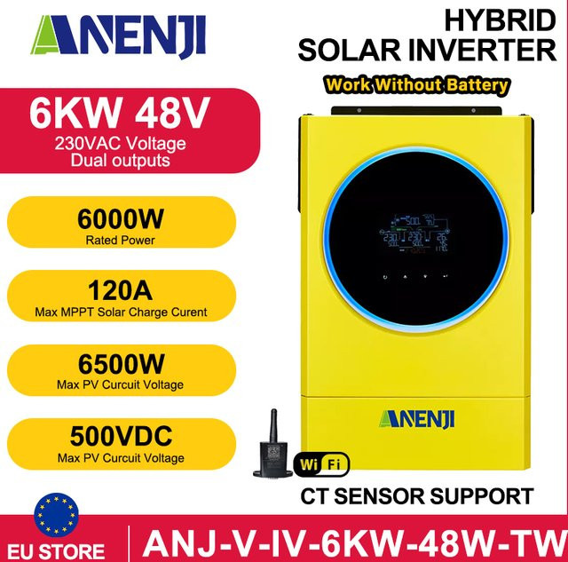 ANENJI 6KW 48V Hybrid-Solarwechselrichter mit 120A MPPT Solarladegerät und 6000W 500VDC PV-Eingang - Bild 1