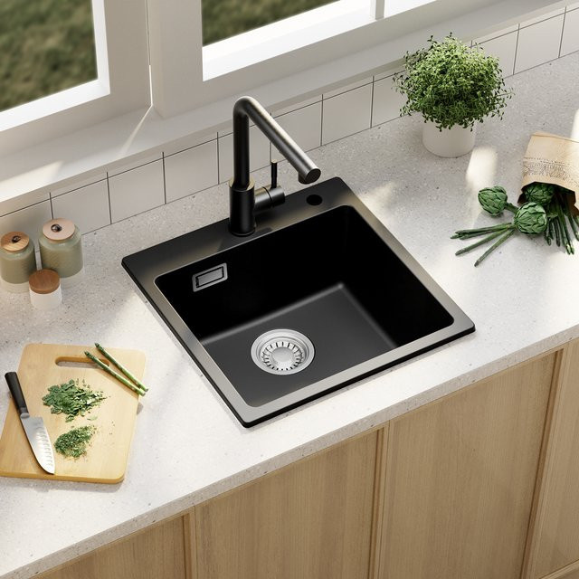 CECIPA max Küchenspüle aus Quarzkomposit in Schwarz, Einbauspüle mit Siphon und Abflussgarnitur, B/T/H: 45 x 45 x 45 cm - Bild 1