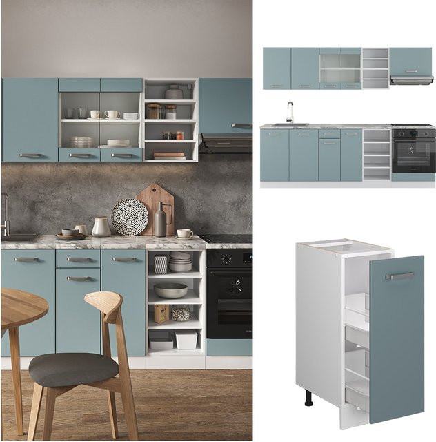 Vicco Küchenzeile R-Line Solid modern in Weiß und Blau mit Marmor Arbeitsplatte, Breite: 240 cm - Bild 1