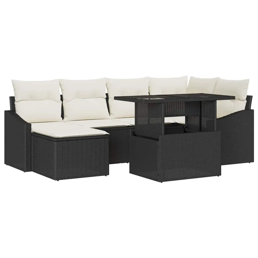 vidaXL Garten-Sofa-Set aus Polyrattan in Schwarz und Beige mit 7 Teilen, Ecksofa, Ottoman und Couchtisch mit Glasplatte und Kissen - Bild 2