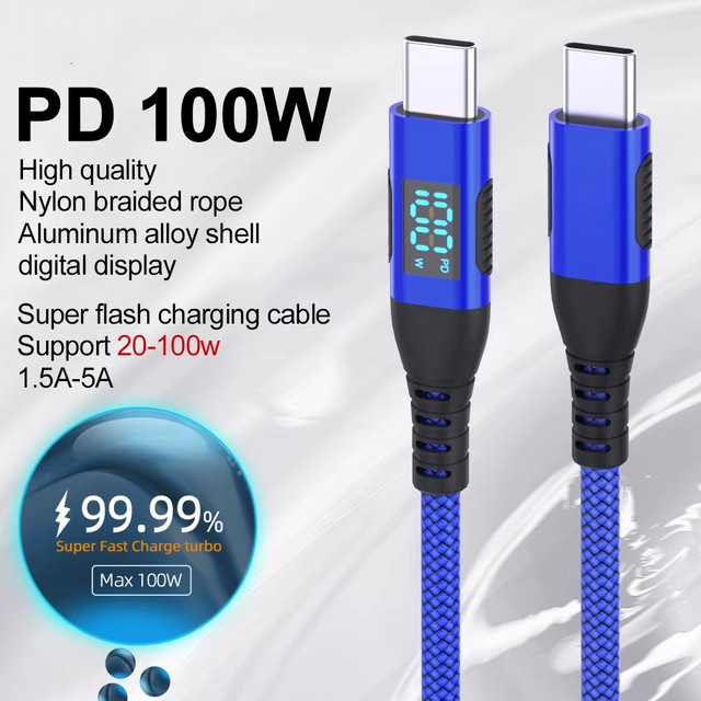 LAIHONEN USB C auf USB C Kabel mit LED-Anzeige, geflochtenes Nylon PD Schnellladekabel für iPhone 15 Pro und Samsung, Blau, 100 W - Bild 1