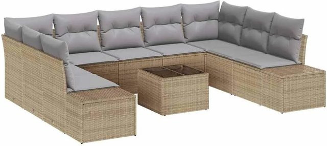 vidaXL Garten-Sofa-Set 10-teilig in U-Form aus Poly-Rattan und Stahl in Beige-grau mit Kissen - Bild 1