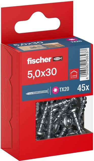Fischer PowerFast II Pan Head TX Vollgewindeschraube für Holz, verzinkt, Farbe: Silber/Blau, Durchmesser: 5 mm, Länge: 30 mm, 45 Stück - Bild 1