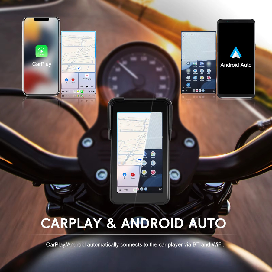 Podofo 5 Zoll Vertikaler Motorrad-Player mit Carplay und Android Auto Unterstützung, IP68 Wasserdicht mit Reifendrucküberwachung, Schwarz - Bild 2