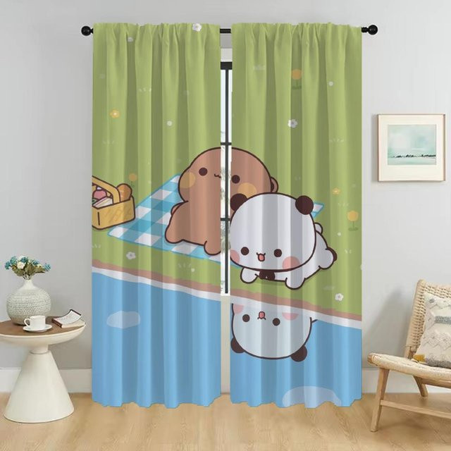 2er-Set Verdunkelungsvorhänge mit Pfirsich Mochi Katzen Motiv, halbtransparente Innenvorhänge für Wohnzimmer und Schlafzimmer, Farbe: Grün, Breite: 50 cm, Höhe: 70 cm - Bild 1
